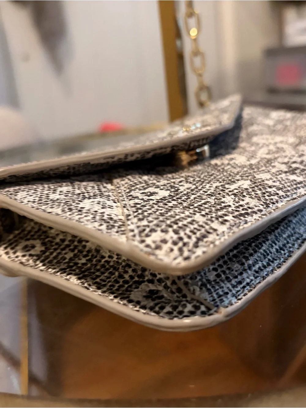 Tory Burch Black and White Snake-Print Crossbody with Gold Chain